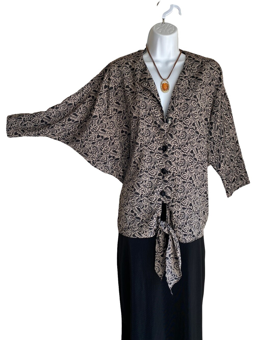 VTG Lady Carol Petites 8 Tunic Balloon Sleeve Blouse Button Up Brown Floral Fall